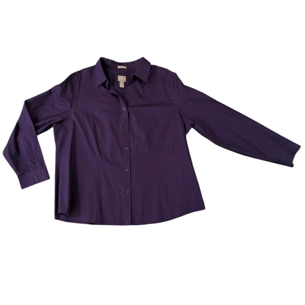 Chicos Purple Button Down Shirt Wrinkle Resistant Blouse Plum Long Sleeve Size 3